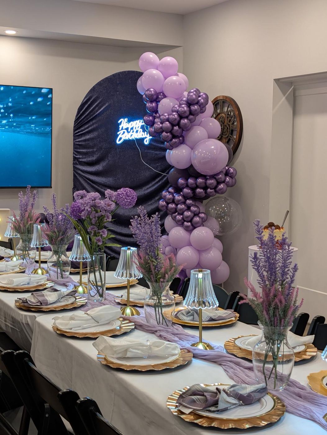 Purple balloon garland with 21 marquee lights