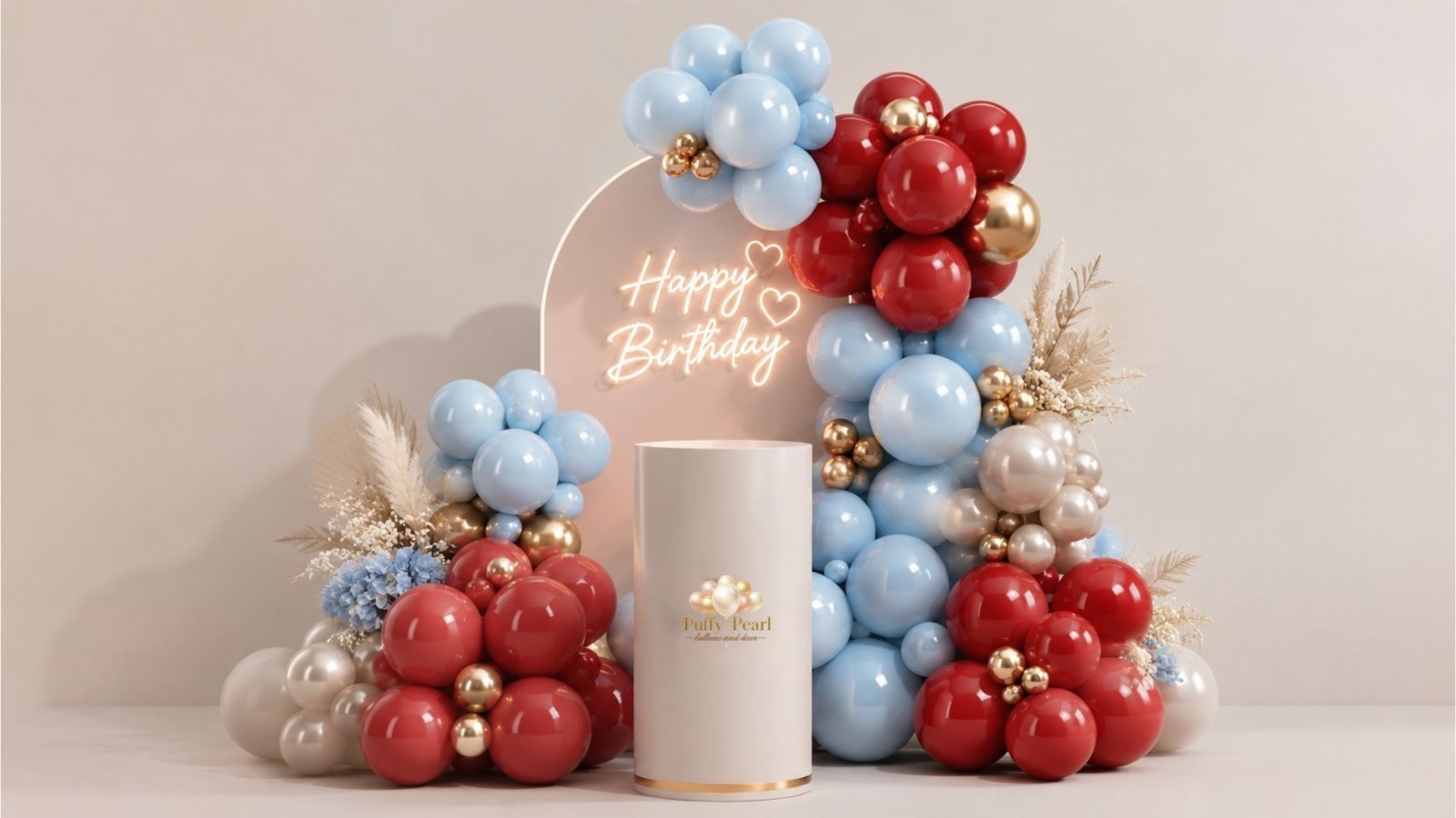 Balloon garland with a neon Happy Birthday sign on a cylinder pedestal